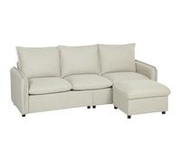 HOMCOM Canapé 3 places avec pouf de rangement, canapé d'angle modulable 212 cm, coussins à ressorts, tissu en lin, crème