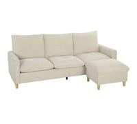 HOMCOM Canapé 3 places avec pouf de rangement, canapé d'angle modulable 210 cm moderne, assise large rembourrée, coussins à ressorts, tissu aspect lin, pieds en bois d'hévéa, pour salon chambre, crème