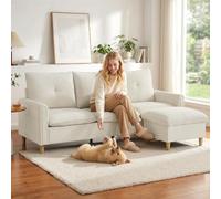 HOMCOM Canapé 3 Places avec Pouf de Rangement Modulable 210 cm Crème | Canapé d'Angle Moderne, Assise Large Rembourrée, Coussins à Ressorts, Tissu Aspect Lin, Pieds en Bois d'Hévéa, Salon Chambre