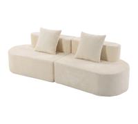 HOMCOM Canapé 3 Places Incurvé, Velours Côtelé 245cm, Canapé Salon, Assise Profonde, 2 Coussins, Compressé Sans Montage, Crème