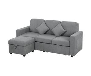 HOMCOM Canapé 3 Places Modulaire avec Pouf Coffre en Velours Côtelé, 196x139x85 cm, Gris Clair