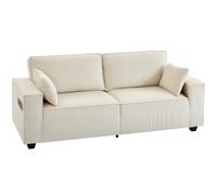 HOMCOM Canapé 3 Places Velours Côtelé 218 cm Large Assise Rembourrée Beige | Canapé Salon Moderne, Coussins à Ressorts, Accoudoirs Extra-Larges, 2 Coussins, Poche Latérale, pour Salon, Chambre