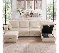 HOMCOM Canapé 4 Places avec 2 Poufs de Rangement Assise Large 306 cm Crème | Canapé d'Angle Modulable en U, Velours Côtelé, 4 Coussins, Poches Latérales, Charge 600 Kg, Salon, Chambre