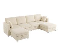 HOMCOM Canapé 4 Places avec 2 Poufs de Rangement, Canapé d'Angle Modulable en U 306 cm en Velours Côtelé, 4 Coussins, Crème