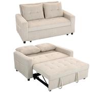 HOMCOM Canapé Convertible 2 Places, canapé-lit clic-clac en Velours côtelé 157x190cm, Dossier réglable, Poches latérales et 2 Coussins, Style Moderne, pour Salon, Chambre d'amis, Petit Espace, crème