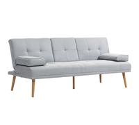 HOMCOM Canapé Convertible 3 Places Design scandinave Inclinaison Dossier réglable 3 Niveaux Dossier Centrale Rabattable 2 Porte-Verres Bois Massif Lin Gris Clair