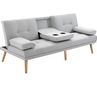 HOMCOM Canapé Convertible 3 Places Design scandinave Inclinaison Dossier réglable 3 Niveaux Dossier Centrale Rabattable 2 Porte-Verres Bois Massif Lin Gris Clair