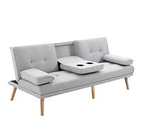 HOMCOM Canapé Convertible 3 Places Design scandinave Inclinaison Dossier réglable 3 Niveaux Dossier Centrale Rabattable 2 Porte-Verres Bois Massif Lin Gris Clair