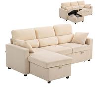 HOMCOM Canapé d’angle convertible 205 cm avec couchage tiroir, beige | 2-en-1, canapé d’angle en velours côtelé, méridienne réversible avec rangement, assise à ressorts, soutien lombaire