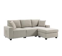 HOMCOM Canapé d'angle 3 places, canapé d'angle modulaire en tissu effet lin, 235 x 80 x 85 cm, avec rangement, repose-pieds amovible, assise épaisse, coussins, canapé en L réversible pour salon, beige