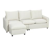 HOMCOM Canapé d'angle 3 places Modulaire en Tissu Effet Cuir Respirant avec Rangement Repose-pieds, Coussins, Crème