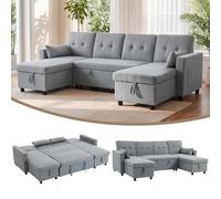 HOMCOM Canapé d'angle avec fonction couchage et coffre de lit en forme de U 4 places canapé extensible 3 en 1 avec méridienne, dossier réglable, coussin, aspect lin pour salon, gris