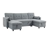 HOMCOM Canapé d'angle avec fonction couchage et coffre en U 4 places Canapé avec chaiselongue, dossier réglable, aspect lin