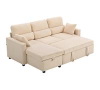 HOMCOM Canapé d'angle convertible en velours côtelé, canapé-lit 3 places avec rangement caché, coussins, 205x135x76cm, beige