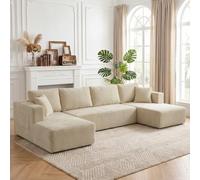 HOMCOM Canapé Modulaire en U Compressé 337 cm Velours Côtelé Crème | Canapé 4 Places Convertible, 2 Méridiennes, 6 Coussins, Assise Large, Poches Latérales, pour Salon, Aucun Assemblage Requis