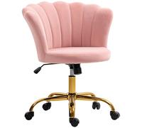 HOMCOM Chaise Bureau en Velours, Chaise Coiffeuse avec Dossier en pétale, Hauteur réglable, Fonction Bascule, Assise rembourrée et pivotante, Fauteuil Coquillage pour Bureau, Salon, Chambre, Rose