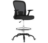 HOMCOM Chaise de Dessin Ergonomique, Haute, Dossier Mesh, Noir | Accoudoir rabattable, soutien lombaire, repose-pieds réglable, roulettes, pour bureau debout