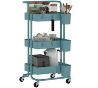 HOMCOM Chariot à 3 Niveaux Desserte à roulettes 42 x 38 x 86,5 cm Bleu-Vert | Étagère de Rangement, 4 Crochets, 3 Boites Suspendues Amovibles, pour Salle de Bain Cuisine Bureau