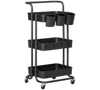 HOMCOM Chariot à 3 Niveaux Desserte à roulettes 42 x 38 x 86,5 cm Noir | Étagère de Rangement, 4 Crochets, 3 Boites Suspendues Amovibles, pour Salle de Bain Cuisine Bureau
