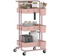 HOMCOM Chariot à 3 Niveaux Desserte à roulettes 42 x 38 x 86,5 cm Rose | Étagère de Rangement, 4 Crochets, 3 Boites Suspendues Amovibles, pour Salle de Bain Cuisine Bureau
