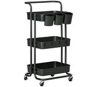 HOMCOM Chariot à 3 Niveaux desserte étagère de Rangement à roulettes avec 4 Crochets et 3 boites suspendues Amovibles pour Salle de Bain, Cuisine, Bureau 42 x 38 x 86,5 cm - Noir
