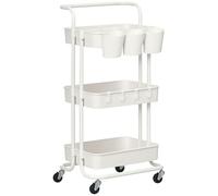 HOMCOM Chariot à 3 Niveaux desserte étagère de Rangement à roulettes avec 4 Crochets et 3 boites suspendues Amovibles pour Salle de Bain, Cuisine, Bureau 42 x 38 x 86,5 cm - Blanc