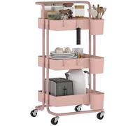 HOMCOM Chariot à 3 Niveaux desserte étagère de Rangement à roulettes avec 4 Crochets et 3 boites suspendues Amovibles pour Salle de Bain, Cuisine, Bureau 42 x 38 x 86,5 cm - Rose