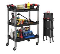 HOMCOM Chariot à Outils Pliable 3 Niveaux, Roues, 150 LBS, Noir | Chariot pliant avec poignées, organisateur d'outils mobile, pour garage/atelier.