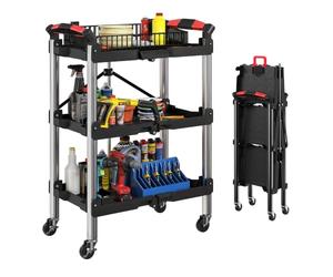 HOMCOM Chariot à Outils Pliable 3 Niveaux, Roues, 150 LBS, Noir | Chariot pliant avec poignées, organisateur d'outils mobile, pour garage/atelier.