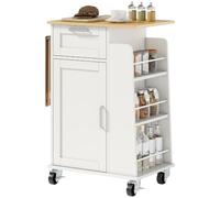 HOMCOM Chariot Cuisine Roulant, Portes Soft-Close, 62x40x87 cm, Blanc | Îlot de cuisine avec tiroir, porte-serviettes, 3 porte-épices, étagères réglables, chariot polyvalent gain de place.