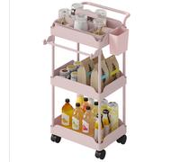 HOMCOM Chariot d'appoint à roulettes 3 niveaux chariot de cuisine avec paniers amovibles et porte-serviettes rose