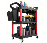 HOMCOM Chariot d'Atelier à 3 Niveaux pour Garage 95x43x96cm Noir et Rouge | Desserte Atelier, Chariot à Outil, Panneaux Perforés, Crochets, Seau à Outils, Poignées, Entrepôt