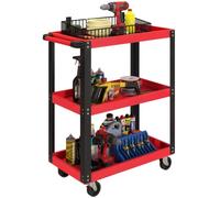 HOMCOM Chariot d'Atelier Servante d'Atelier 3 Niveaux 70,5x35x82,5cm Rouge | Chariot à Outil, Poignée Latérale, Roulettes Verrouillables, pour Garage, Entrepôt, Outils de Bricolage, Charge 120 Kg