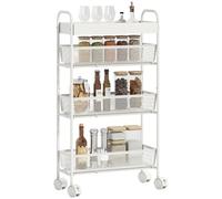 HOMCOM Chariot de cuisine à 4 niveaux, chariot de service avec roulettes, 3 paniers coulissants, étagère supérieure, poignées, chariot de rangement étroit pour salon, cuisine, salle de bain, bureau