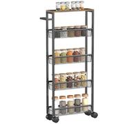 HOMCOM Chariot de Cuisine à 5 Niveaux - Chariot étroit avec Plan de Travail Aspect Bois - roulettes - Poignée - Cadre en métal - pour Salle à Manger - 47 x 13 x 96,5 cm - Noir