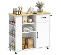 HOMCOM Chariot de cuisine avec 5 roues, îlot de cuisine avec portes à fermeture douce, tiroir, porte-serviettes, 3 porte-épices, 3 étagères ouvertes et étagère réglable, multi-usage, gain de place