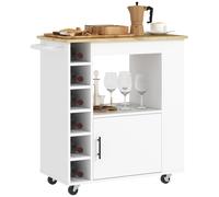 HOMCOM Chariot de cuisine, îlot de cuisine roulant, chariot de cuisine avec étagères, casiers à vin, armoire et plan de travail, Blanc