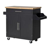 HOMCOM Chariot de Cuisine Polyvalent avec Tiroir, Roues, Porte-Épices et Armoire, Meuble de Cuisine avec Étagère Réglable, Porte-Serviettes et Plateau en Bois de Caoutchouc, 109x40x89 cm, Noir