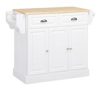 HOMCOM Chariot de cuisine sur roulettes Ilot de cuisine avec 2 tiroirs Porte-épices et porte-torchons 110x45x91 cm Blanc