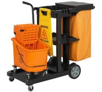 HOMCOM Chariot de Nettoyage Professionnel 3 étagères, Sac Poubelle 70L | Crochets pour balai, seau à serpillière avec essoreuse, 4 roues, pour hôtel, 122x46,5x101 cm