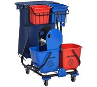 HOMCOM Chariot de nettoyage professionnel avec sac poubelle, 2 bacs à laver 18L, 2 seaux 6L, essoreuse, crochet et roues pour l'hôtel et l'hôtellerie, 93x80x97 cm, rouge