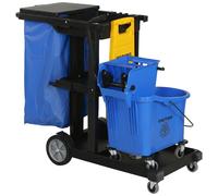 HOMCOM Chariot de nettoyage roulant avec 3 étagères, sac poubelle 70 L, seau essoreur avec presse, Bleu