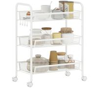 HOMCOM Chariot de Rangement 3 Niveaux Paniers Amovibles 45x26,5x63cm Blanc | Desserte à Roulettes, 4 Crochets, Cadre en Acier, Chariot de Cuisine, Salle de Bain, Salon, Espace Étroit