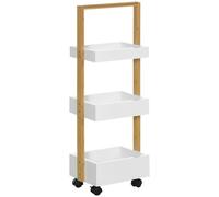 HOMCOM Chariot de Rangement à 3 Niveaux desserte étagère de Rangement à roulettes pour Salle de Bain Cuisine 28 x 18 x 75 cm en Bambou et Bois Blanc