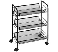 HOMCOM Chariot de Rangement à 3 Niveaux, desserte à roulettes avec paniers Amovibles et 4 Crochets, Cadre en Acier, Chariot de Cuisine, Salle de Bain, Salon, Espace étroit, 45 x 26,5 x 63 cm, Noir