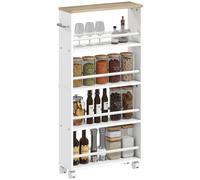 HOMCOM Chariot de Rangement à 4 Niveaux 45 x 15 x 91 cm Blanc et Naturel | Avec Poignées, Desserte à roulettes Étroite, pour Cuisine, Salon, Salle de Bain, Buanderie