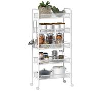 HOMCOM Chariot de Rangement à 5 Niveaux à roulettes 45x26,5x106 cm Blanc | Paniers Amovibles, 4 Crochets, Cadre en Acier, Desserte Étroite de Cuisine, Salle de Bain, Salon