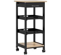 HOMCOM Chariot de Service à roulettes Tiroir Étagère Chêne Clair Noir | Desserte de Cuisine, 2 Plateaux Amovibles, Bois Pin
