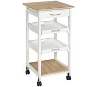 HOMCOM Chariot de Service desserte de Cuisine à roulettes 2 Plateaux Amovibles, tiroir, étagère chêne Clair Bois pin Blanc