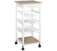 HOMCOM Chariot de service desserte de cuisine à roulettes panier + 2 plateaux amovibles, tiroir, étagère MDF chêne clair bois pin blanc